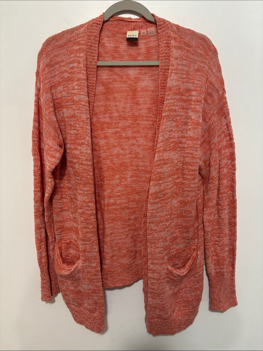 ROXY Coral Pink Marled Open Front Cardigan Sweater L Large Long Sleeve Pockets